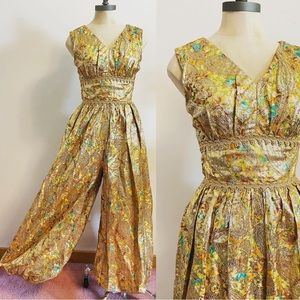 Vintage 1960s 1970s Lamé Damask Jumpsuit Harem Pants